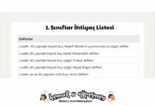 1. sınıflar ihtiyaç listesi