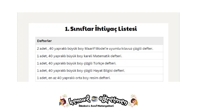 1. sınıflar ihtiyaç listesi